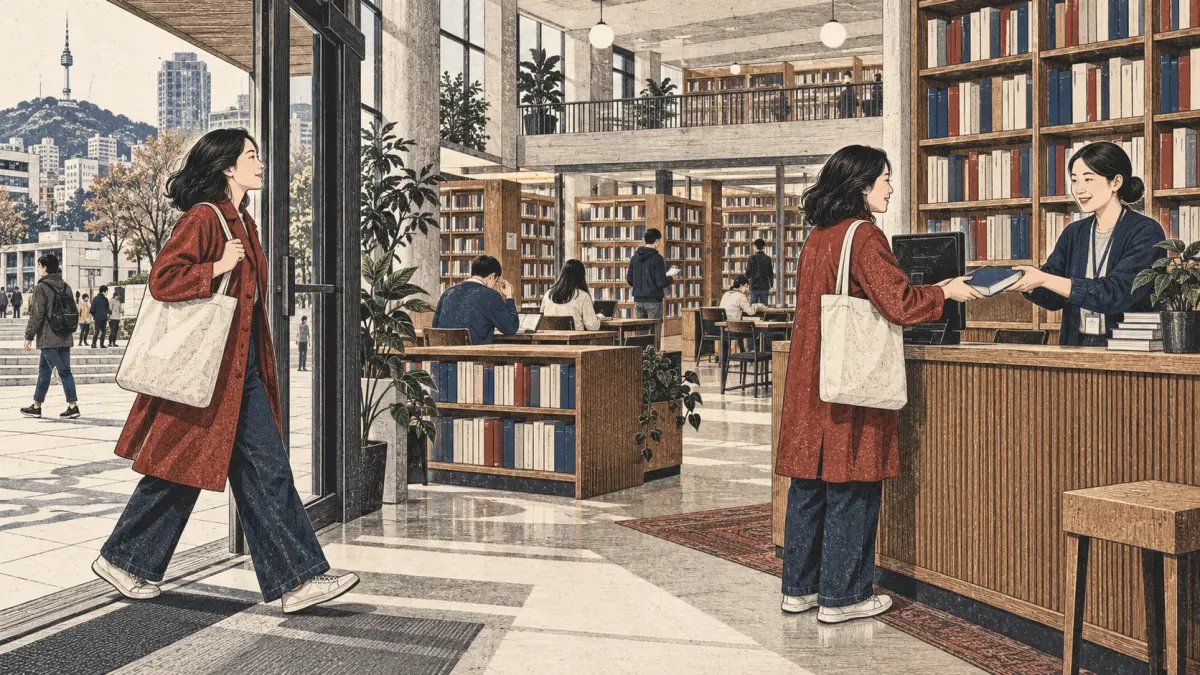 An adult enters a Seoul library and borrows a book at the lending desk.