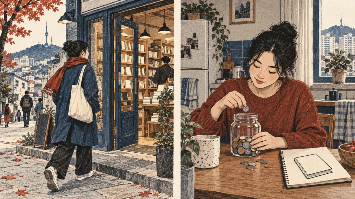 A trip to buy a book contrasts with saving money for a book at home.