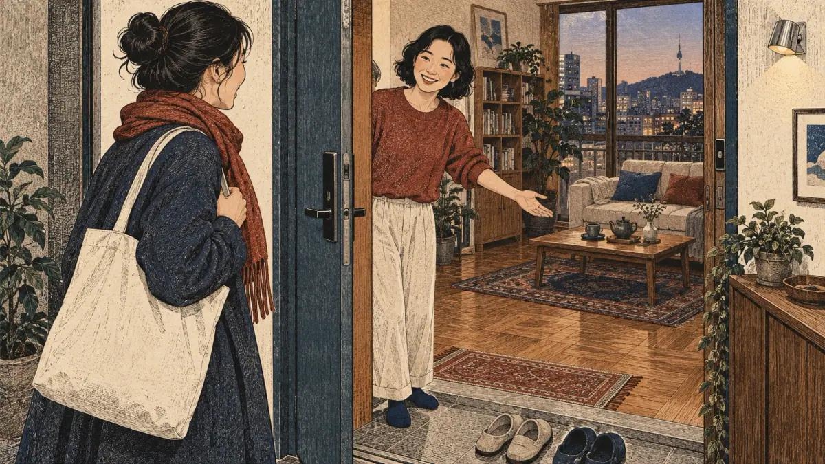 An adult welcomes a friend into a Seoul apartment for a visit.