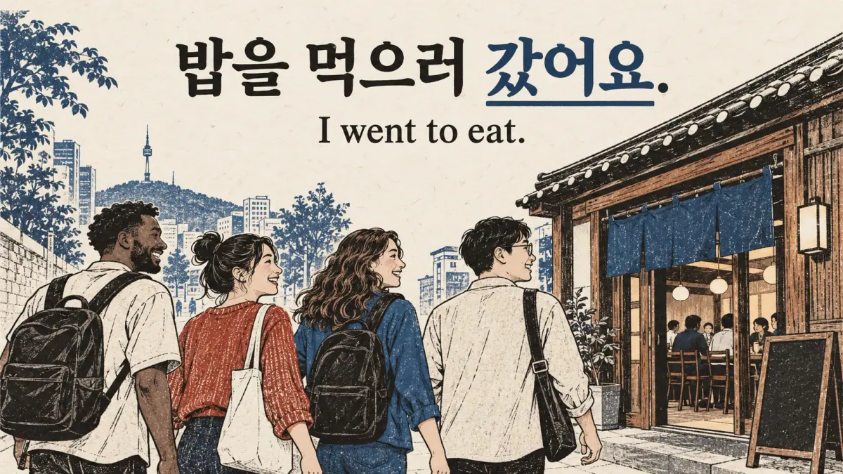 밥을 먹으러 갔어요. shows tense on the movement verb above a trip to eat.