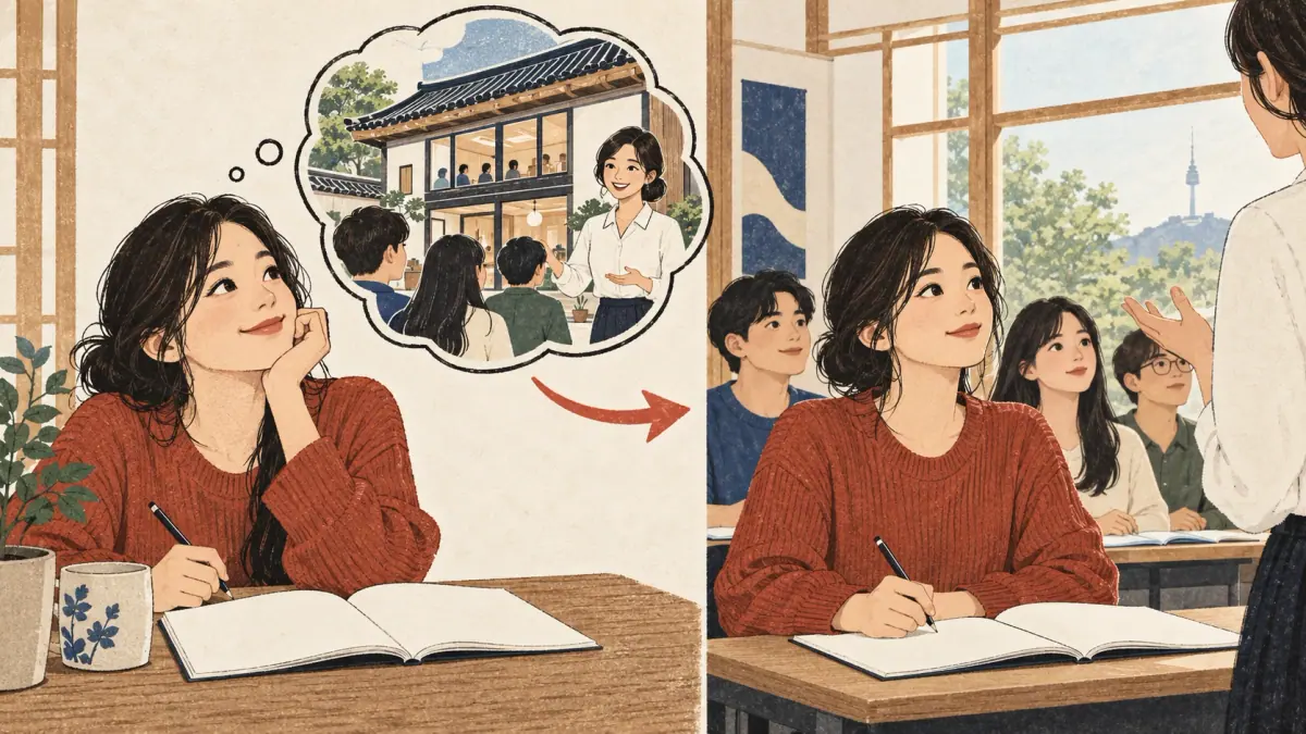 The same learner imagines Korean class, then attends it; an arrow connects aim and action.