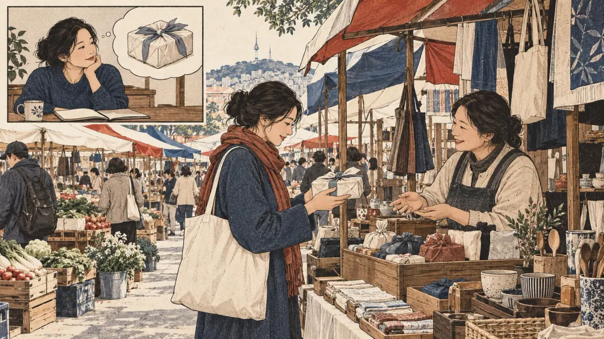 A shopper imagines a gift and then buys a wrapped present at a Korean market.