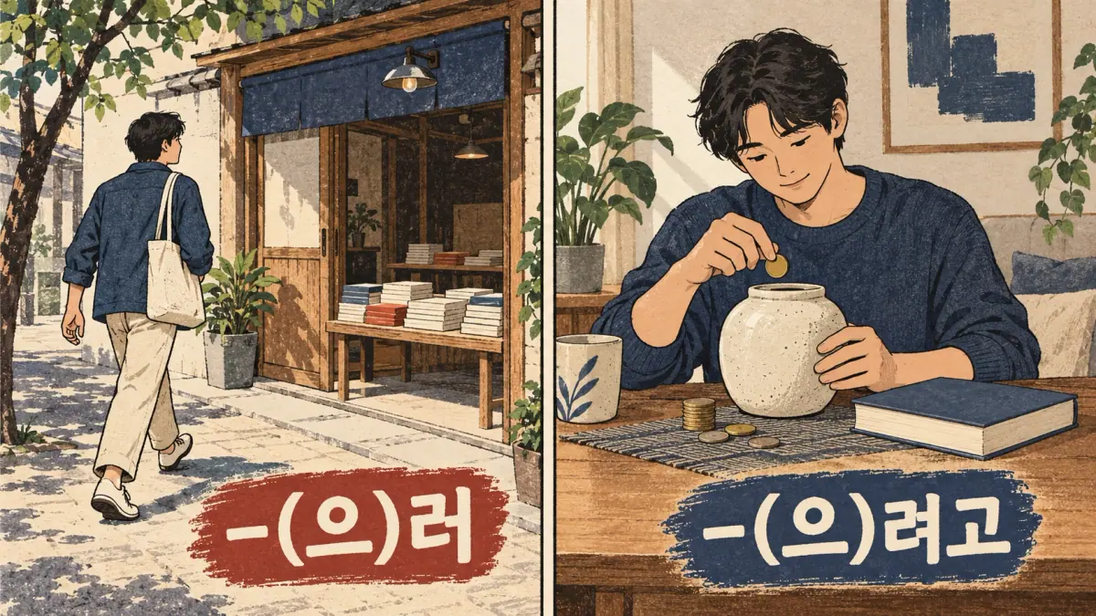 Walking to buy a book contrasts with saving money, labelled -(으)러 and -(으)려고.