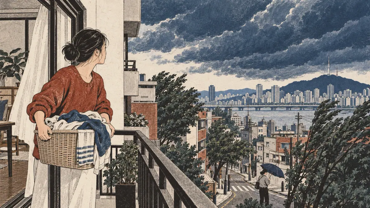 A Seoul resident brings laundry inside as dark clouds gather before rain.