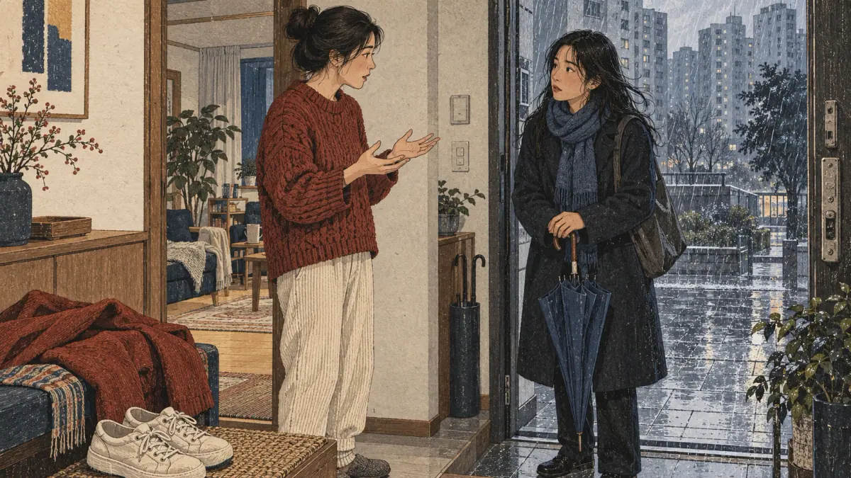 Two friends discuss a hidden reason for staying home as rain falls outside a Seoul apartment.