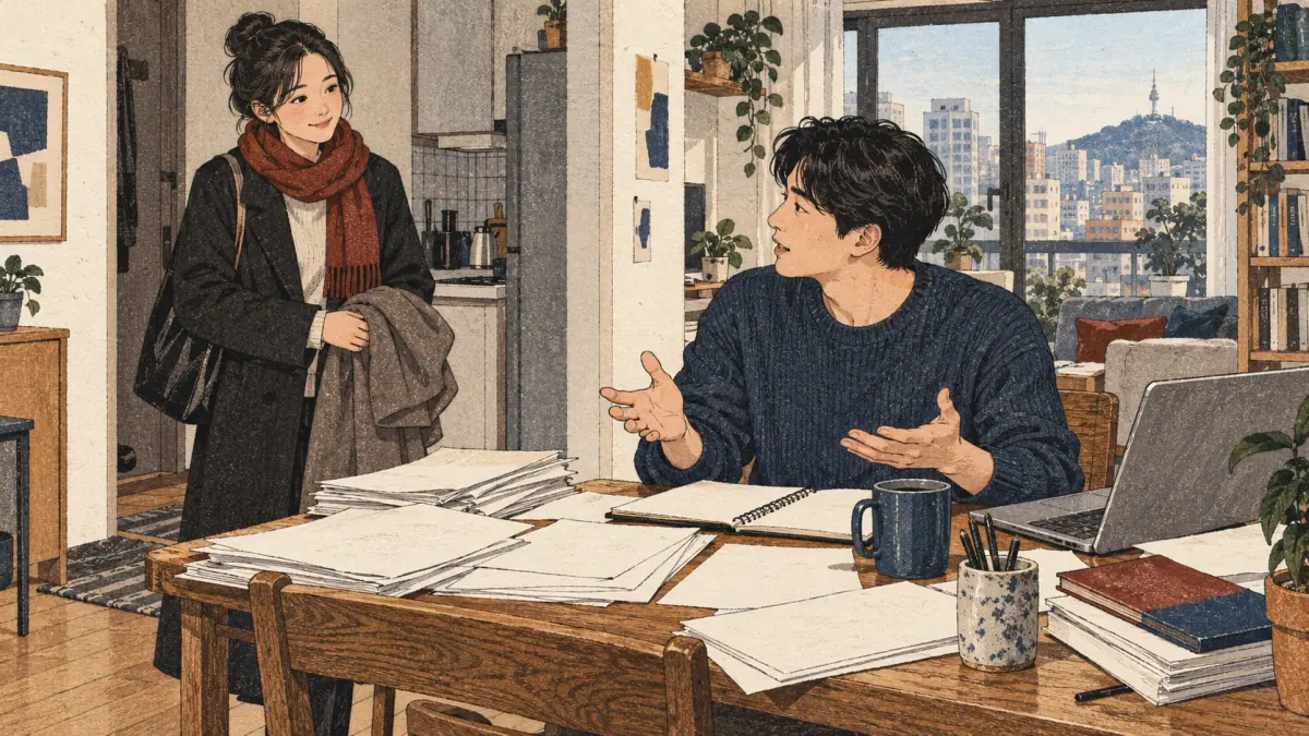 An adult at a desk full of work explains to a visiting friend why they cannot go out.