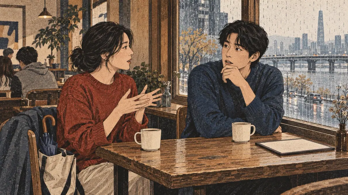 A café conversation shows one friend explaining an unseen reason while the listener learns something new.