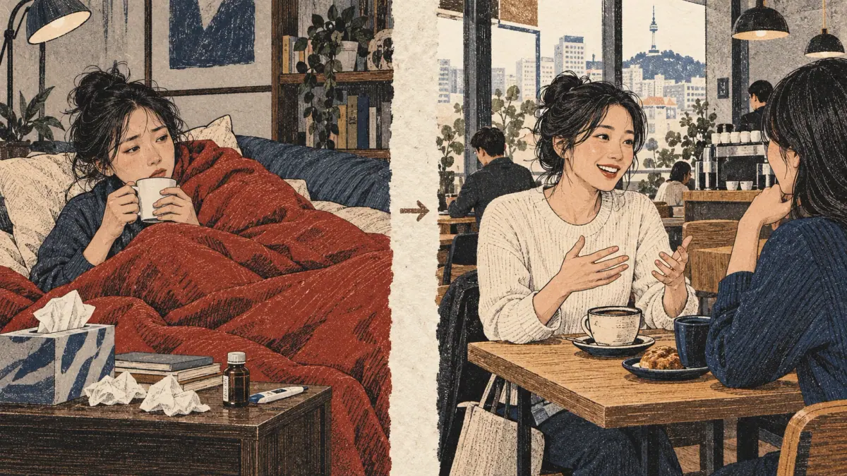 A two-part scene shows an adult sick at home, then explaining the earlier illness to a café friend.