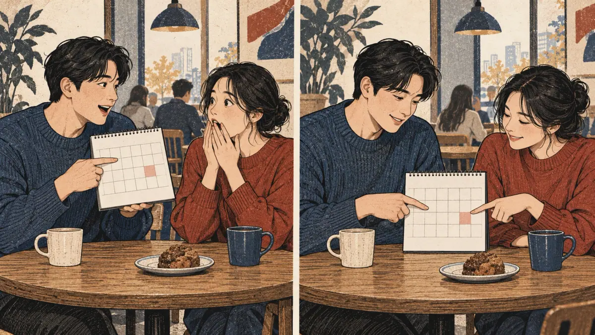 Two café scenes contrast a surprised listener learning a holiday with friends recognizing shared calendar knowledge.