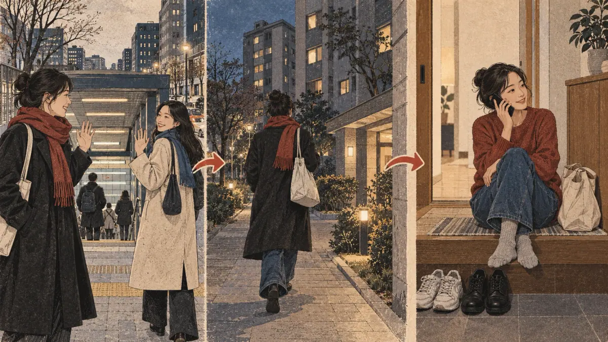 Three scenes show friends parting, one walking home, and making the requested phone call after arriving.