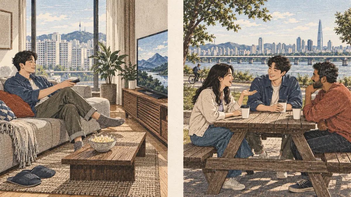 Two alternative weekends: a man watches a movie at home or meets friends beside the Han River.