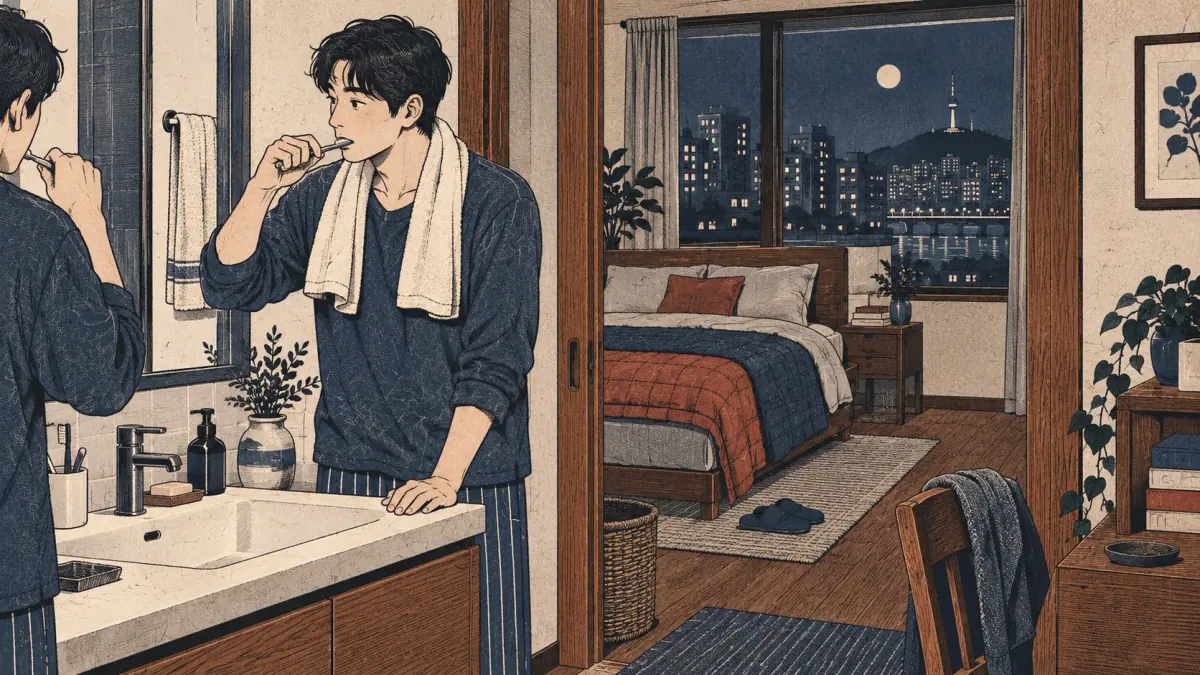 An adult brushes their teeth beside a bedroom in a Seoul apartment.