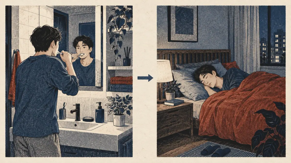 An adult brushes their teeth, then sleeps; an arrow shows the order.
