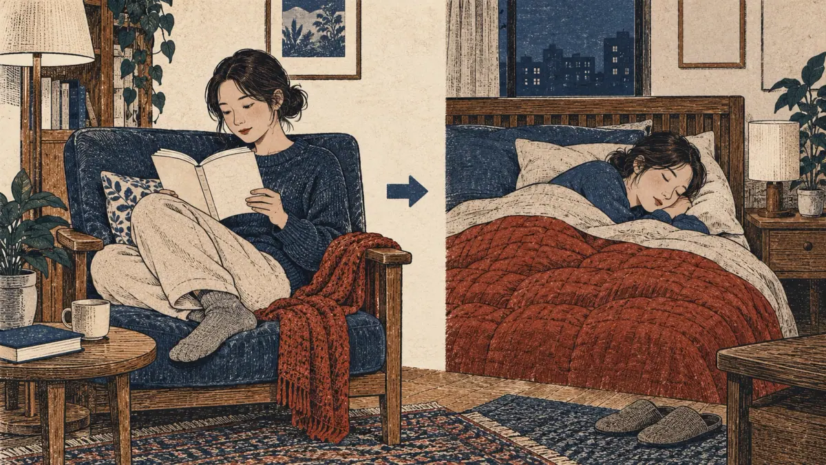 An adult reads a book, then sleeps; an arrow shows reading comes first.