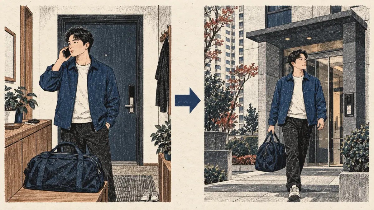 An adult calls before leaving a Seoul apartment with a travel bag.