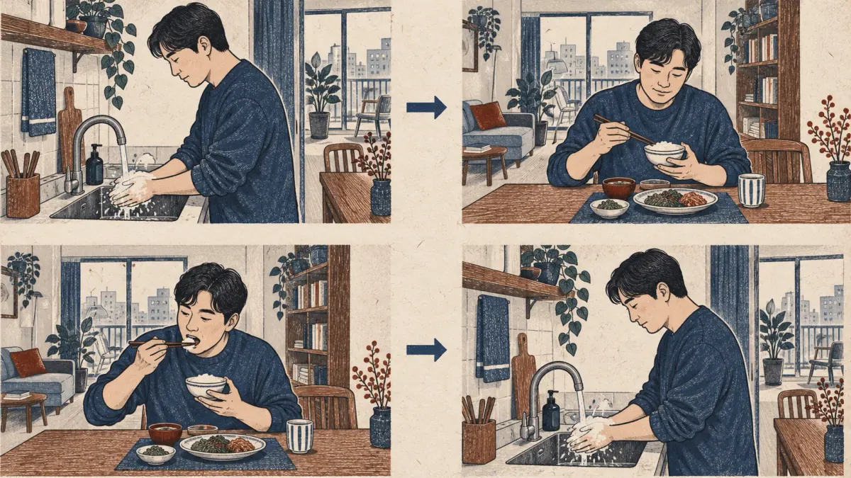 Two rows contrast washing hands before eating and washing hands after eating.