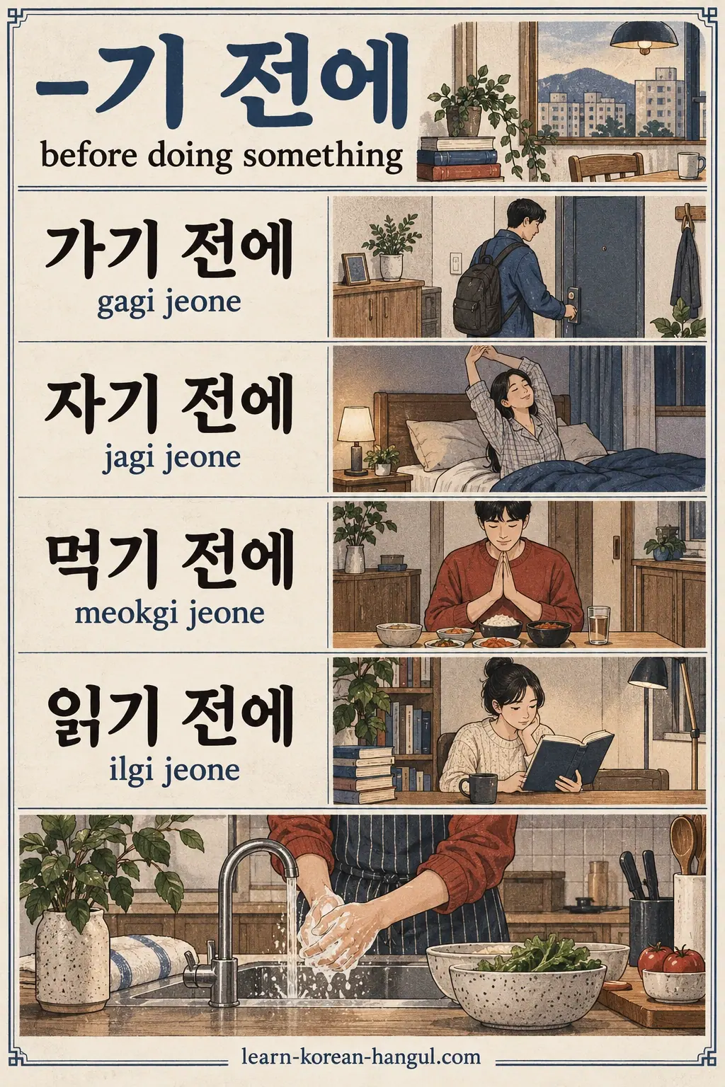 가기 전에 (gagi jeone), 자기 전에 (jagi jeone), 먹기 전에 (meokgi jeone), 읽기 전에 (ilgi jeone) in four illustrated rows.