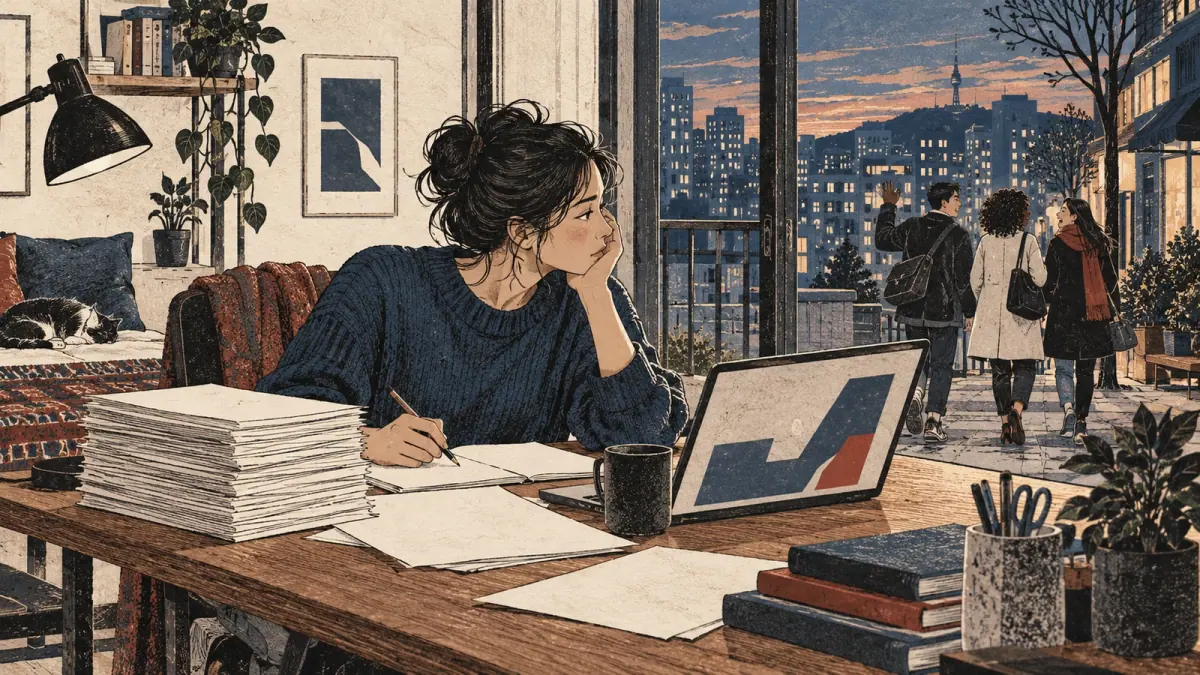 A busy learner at a Seoul apartment desk watches friends leave for an evening outing.