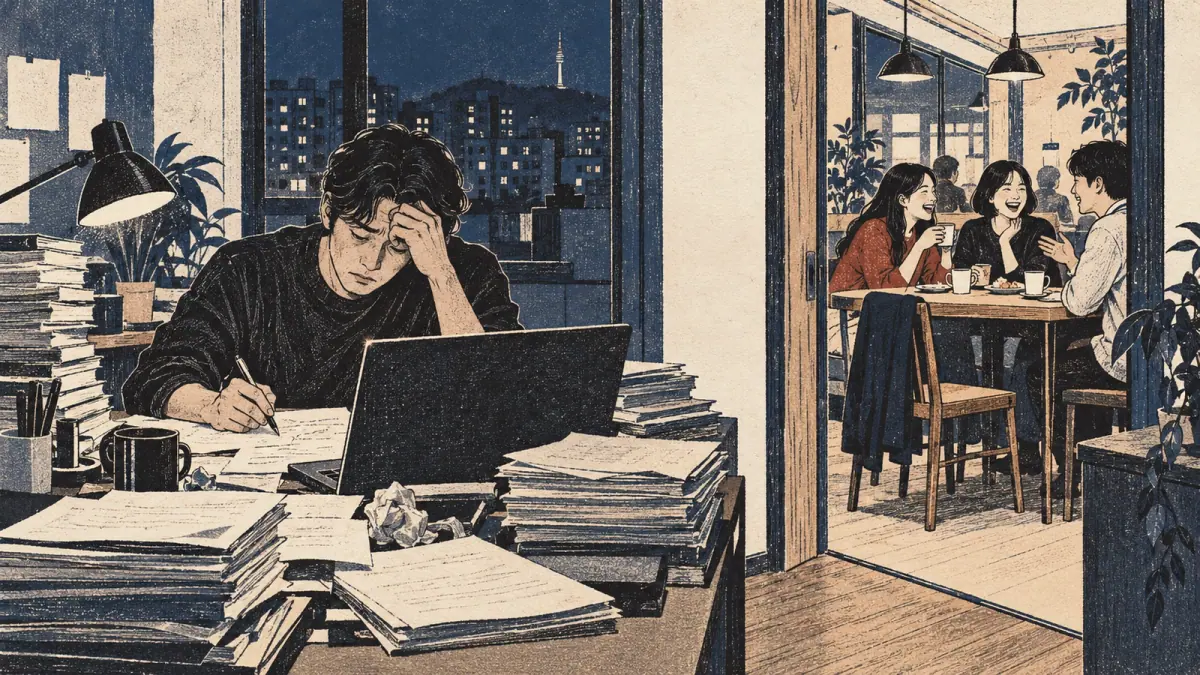 Busy work prevents an adult from attending a café meeting.