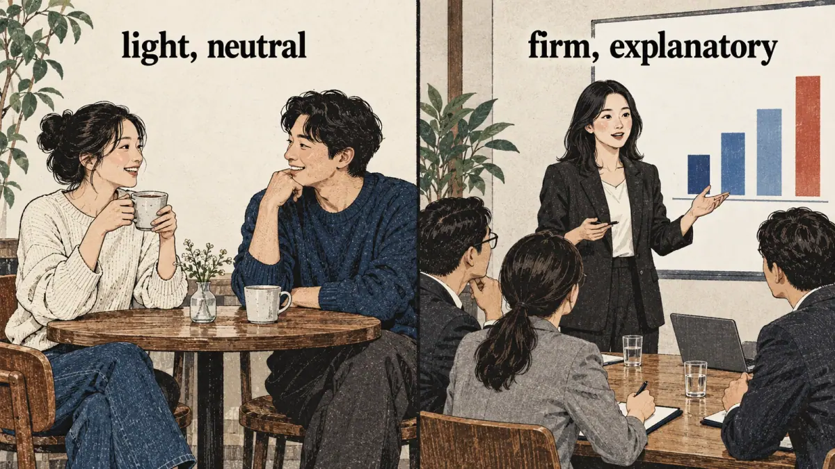Casual café talk and a firm meeting explanation compare two tones.