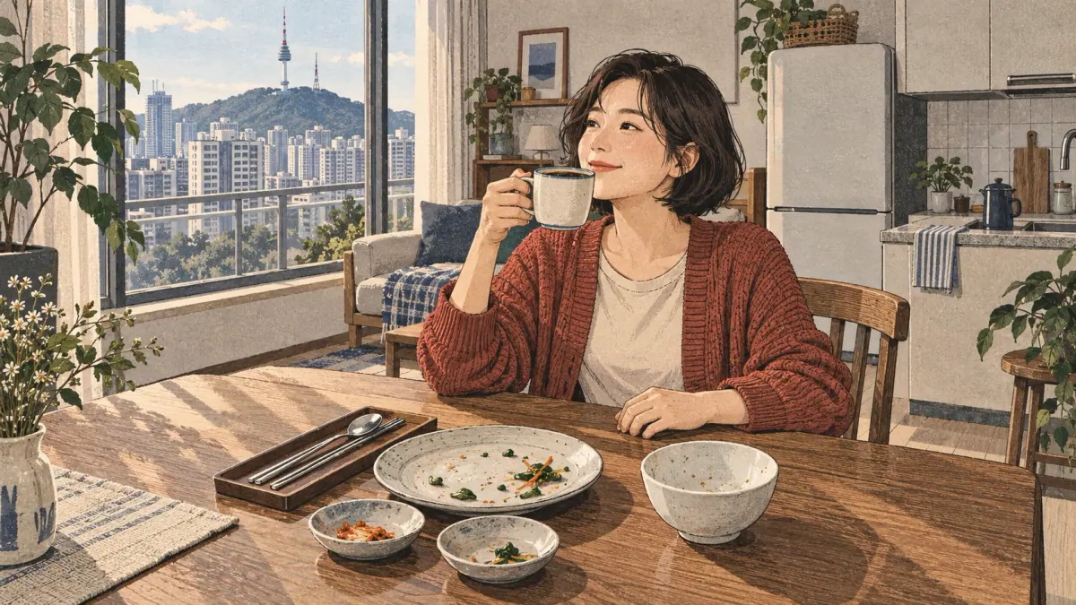 After finishing a meal, a young woman enjoys coffee in her Seoul apartment.