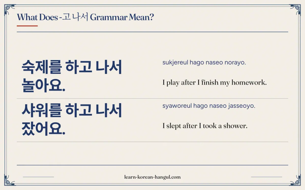 숙제를 하고 나서 놀아요. · sukjereul hago naseo norayo. · I play after I finish my homework. · What does -고 나서 grammar mean?