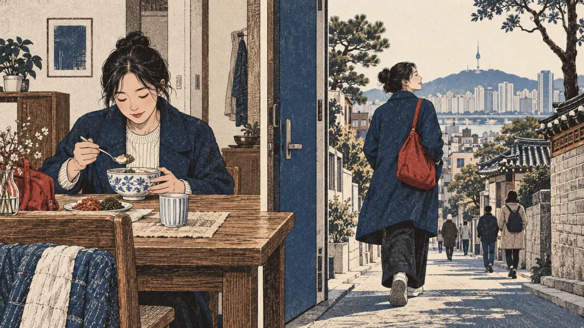 A learner eats breakfast at home and then walks toward school in Seoul.