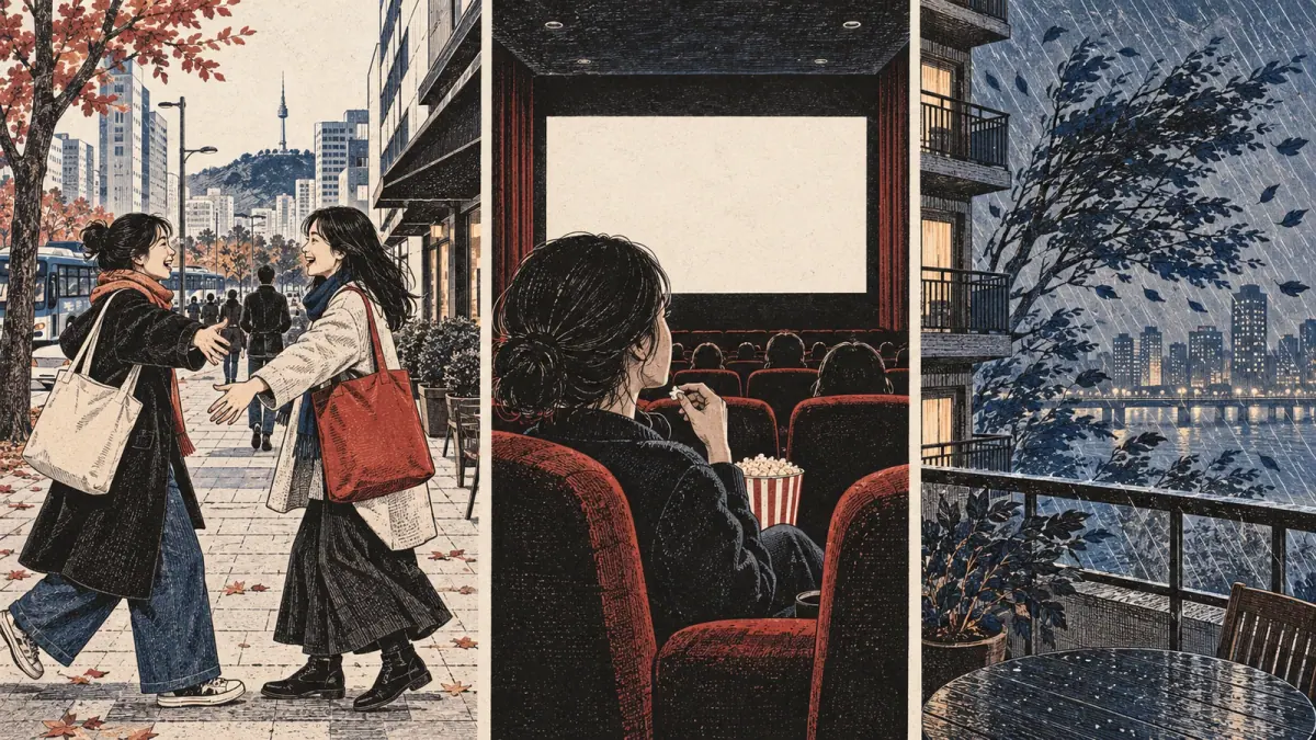 A friend greeting, a cinema visit, and rain with wind illustrate linked actions and separate facts.