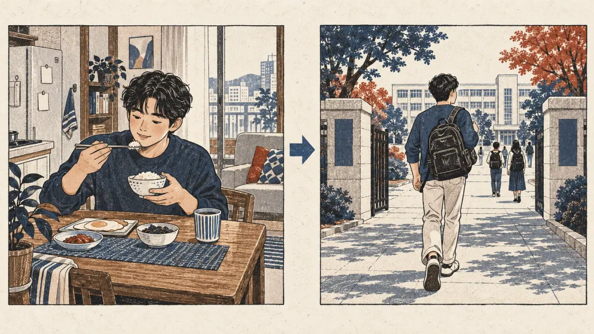 A learner eats breakfast and then walks to school in two ordered scenes.