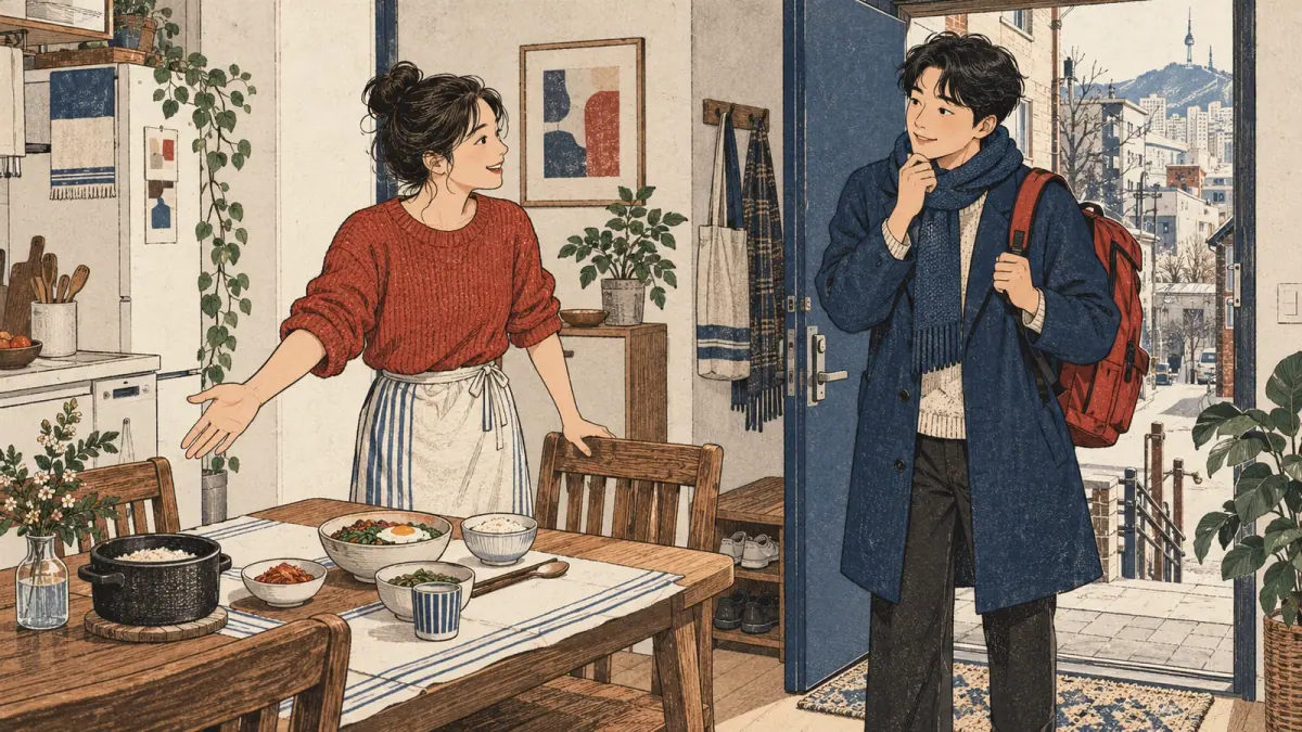 One friend invites another to eat breakfast together before leaving.