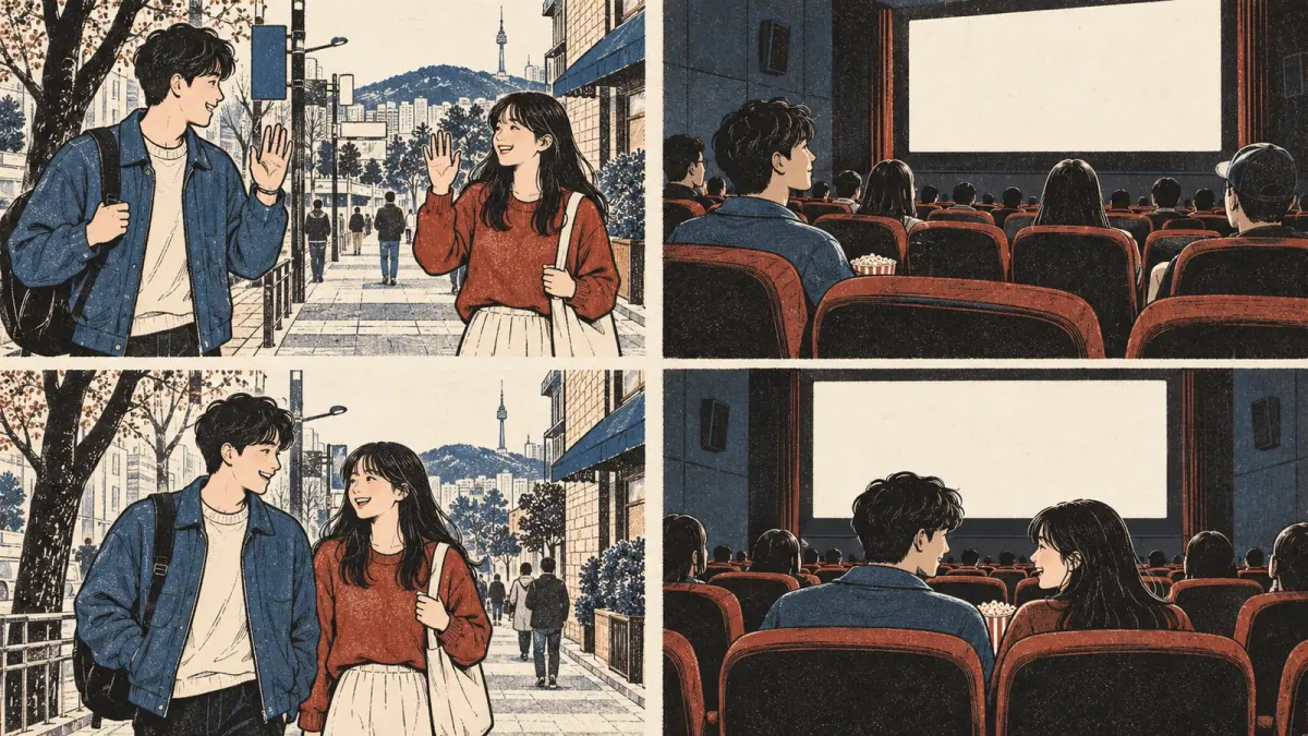 Paired scenes compare meeting a friend then watching a film alone or together.