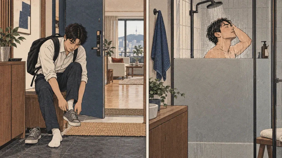 An adult arrives home and immediately takes a shower, illustrating two actions with almost no gap.
