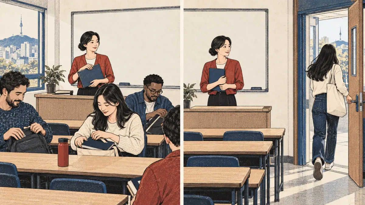 An adult leaves the classroom immediately after the lesson ends, showing an immediate sequence.