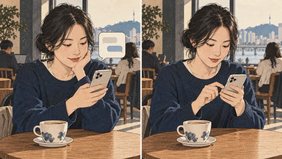 A learner reads a phone message and immediately types a reply at the same café table.