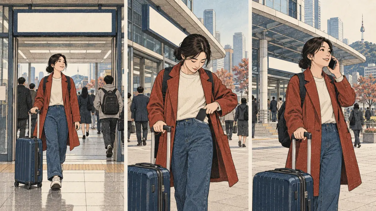 A traveler arrives at a Seoul station and immediately makes a phone call, illustrating a promised action.