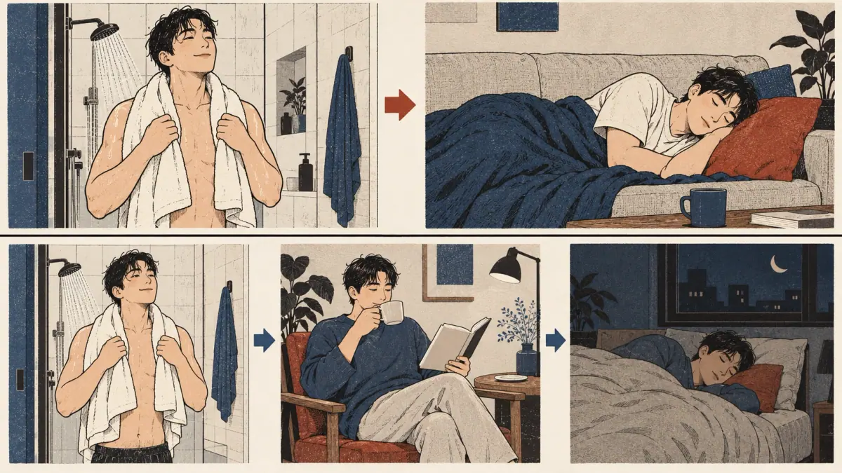 Two shower-to-sleep sequences contrast immediate sleep with a delay spent drinking tea and reading.