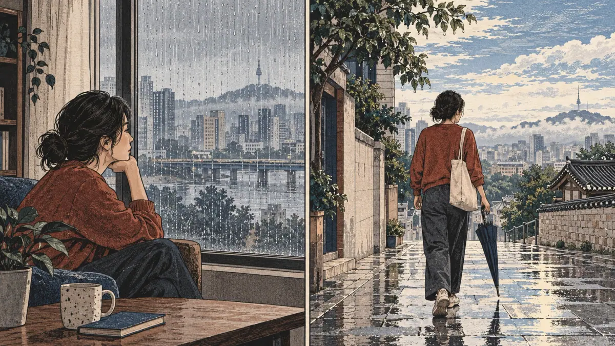 Rain stops and a person immediately steps outside onto a wet Seoul street.