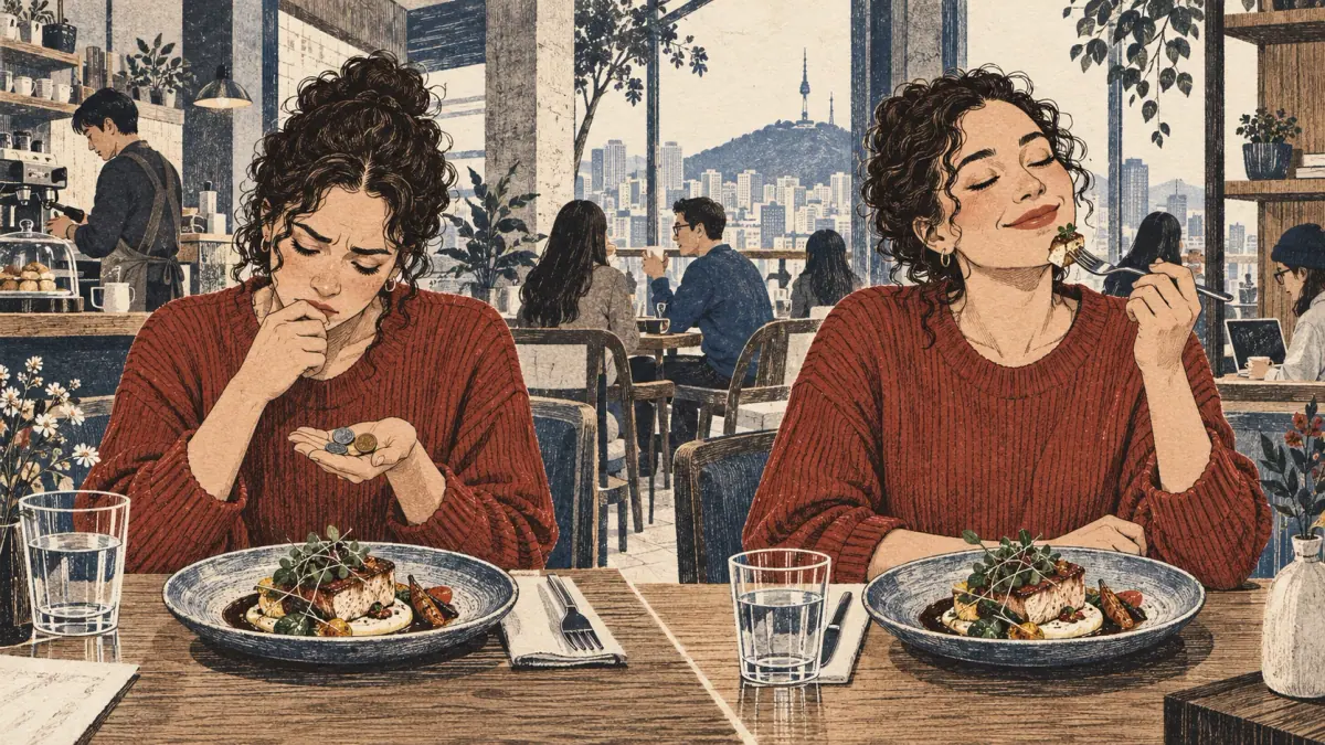 A diner weighs a meal's expense against its delicious taste.