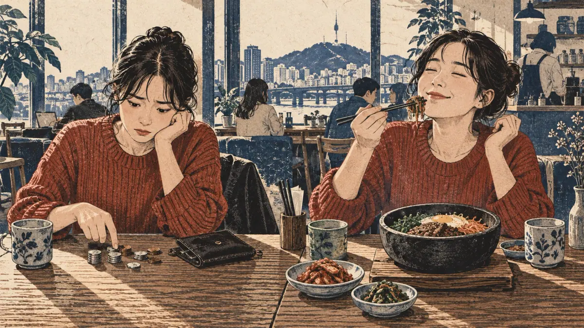 A diner weighs the cost of a meal against its delicious taste.