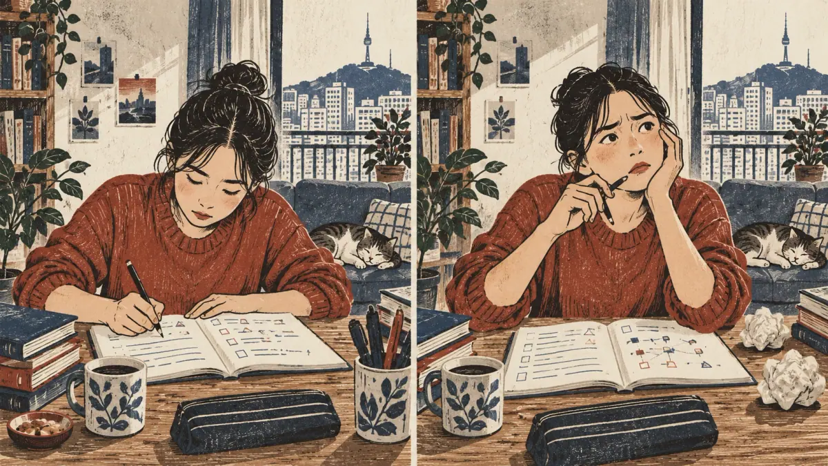 A Korean learner studies diligently but still finds the lesson difficult.