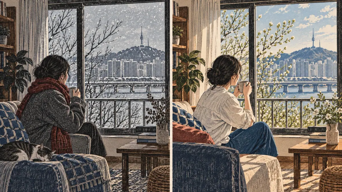 The same Seoul window contrasts a cold day with a warm day.