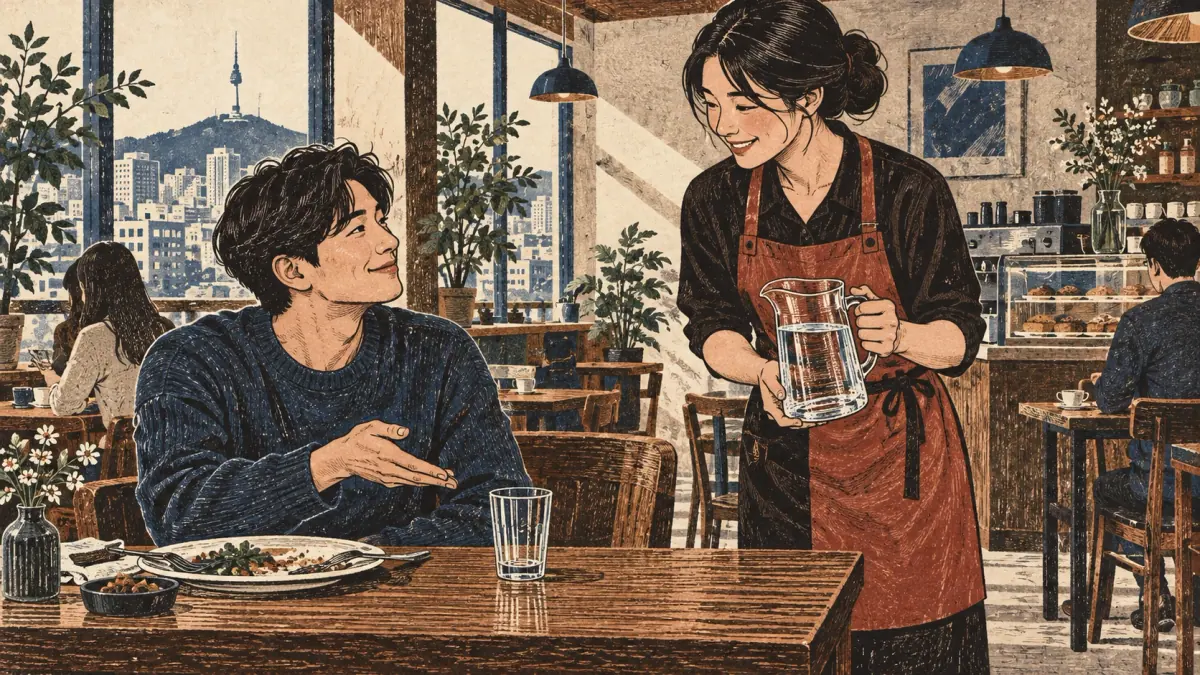 A diner gently asks a café server for water.