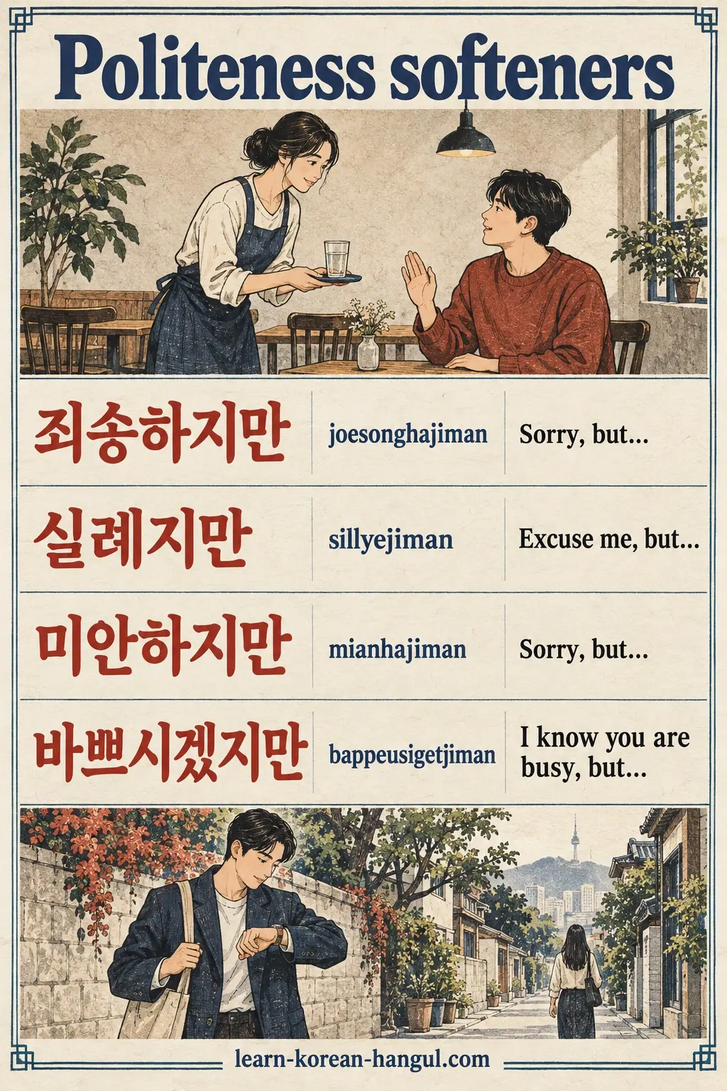 Phrase rows: 죄송하지만 joesonghajiman; 실례지만 sillyejiman; 미안하지만 mianhajiman; 바쁘시겠지만 bappeusigetjiman.