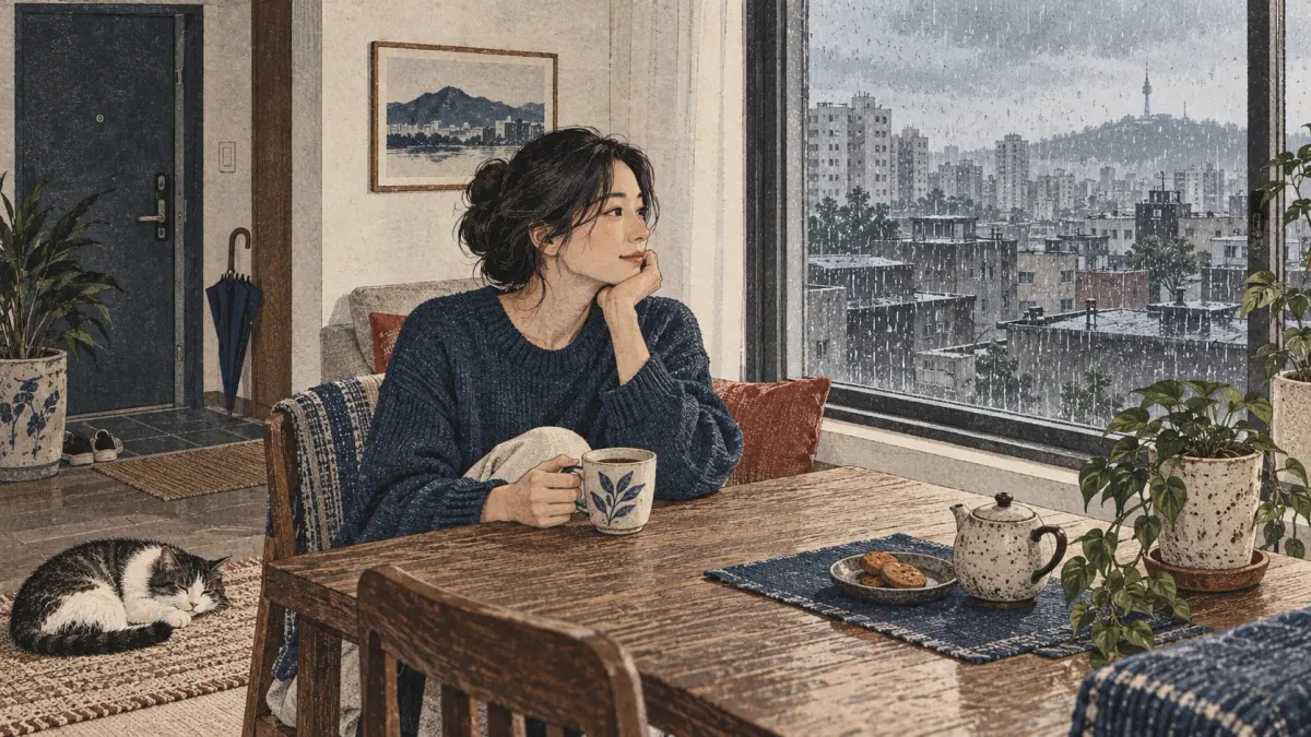 An adult stays home with tea while rain falls over Seoul outside the window.