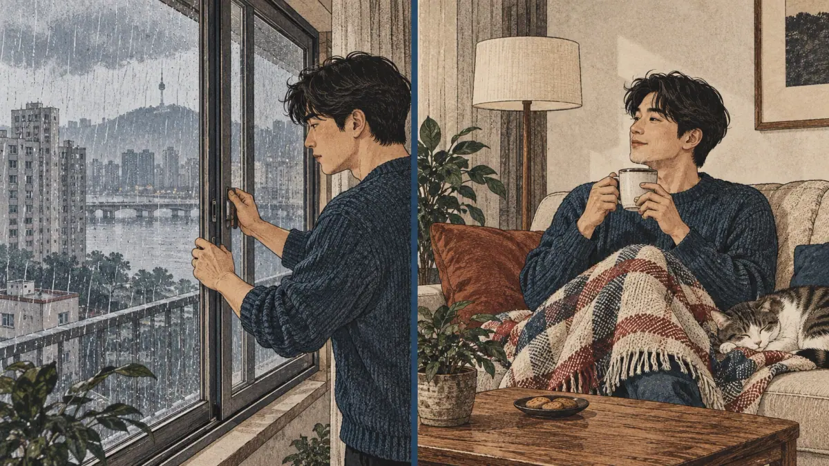 Rain outside a Seoul apartment leads an adult to stay home.