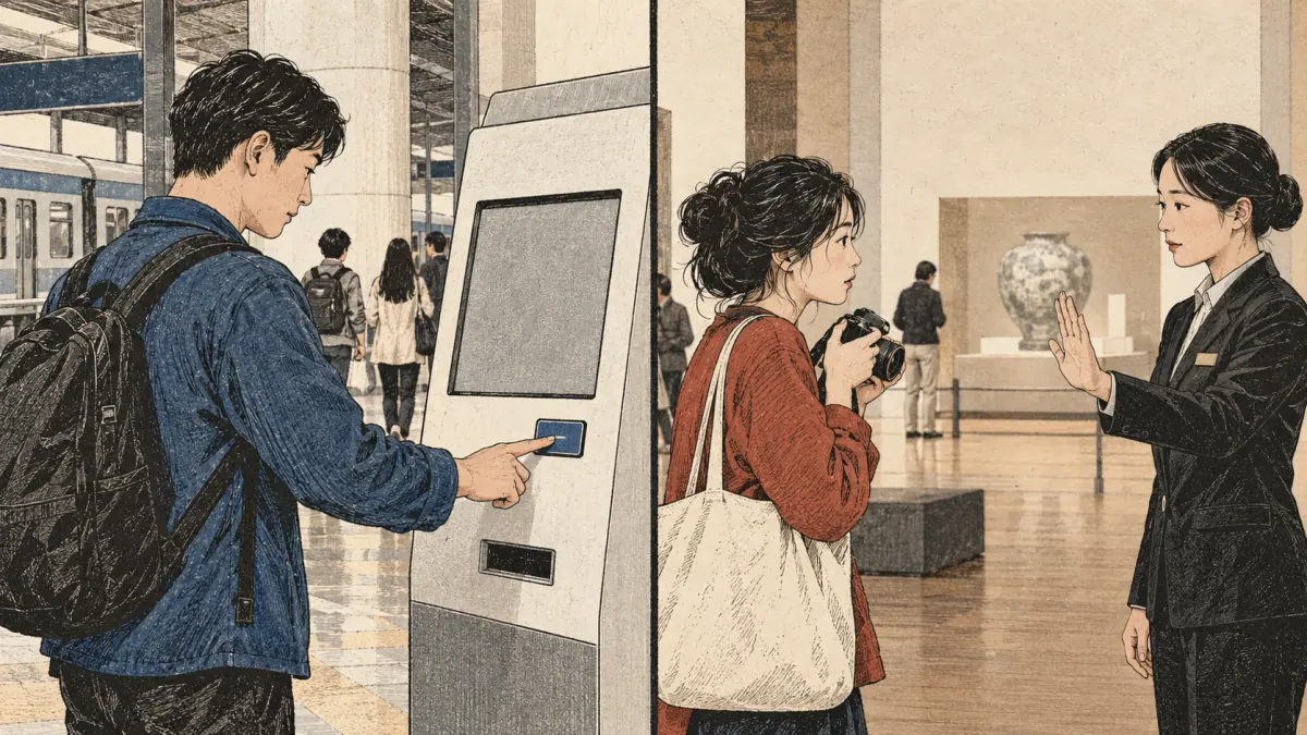 A traveler presses a button; a museum visitor puts their camera away.