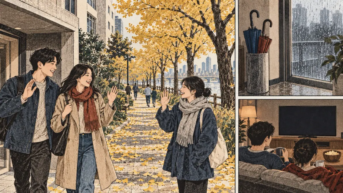 Friends meet at a park, with a rainy-day indoor alternative shown in an inset.