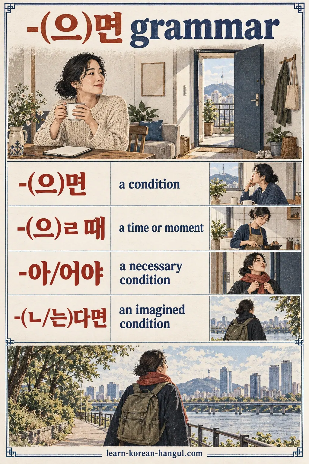Four Korean connectors with their meanings: -(으)면, -(으)ㄹ 때, -아/어야 and -(ㄴ/는)다면.