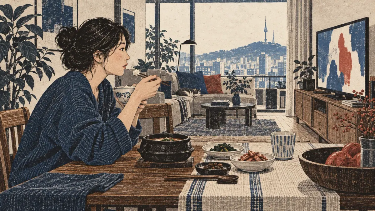 An adult eats rice while watching television in a Seoul apartment.