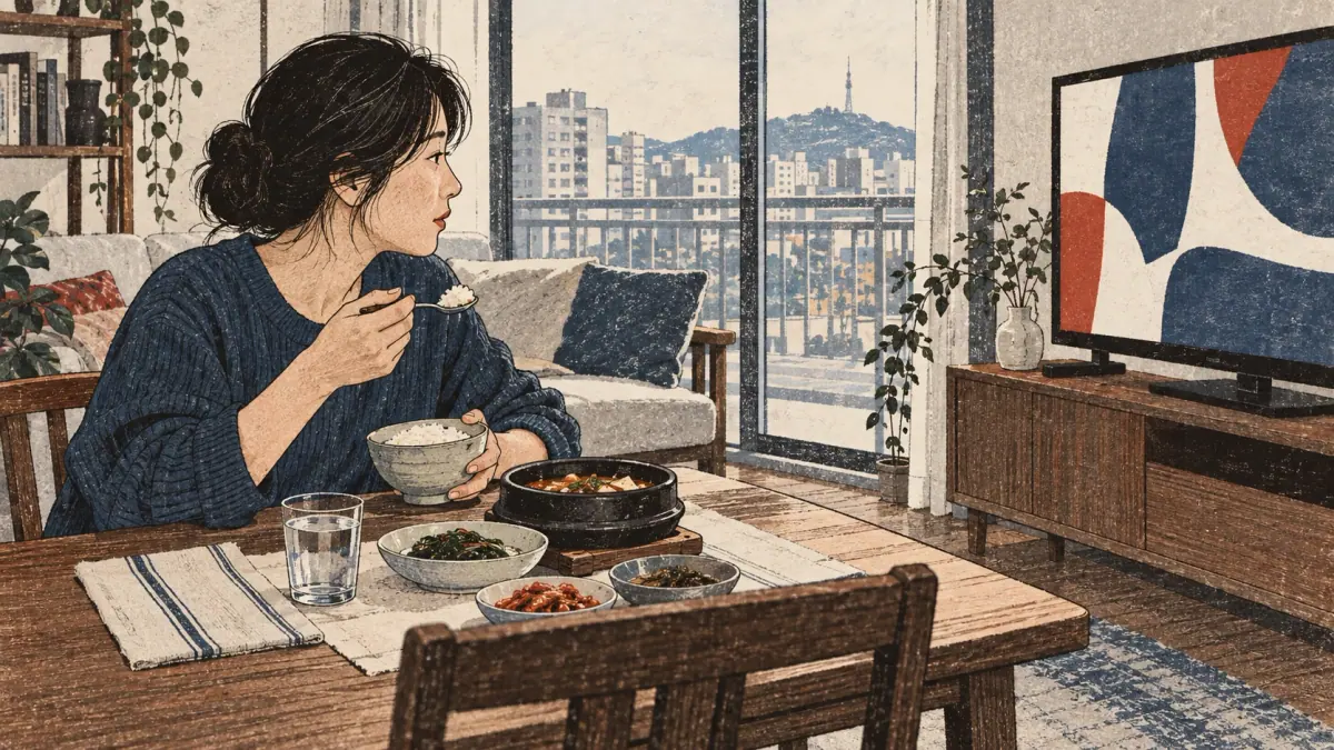 One adult eats rice and watches television at the same time.